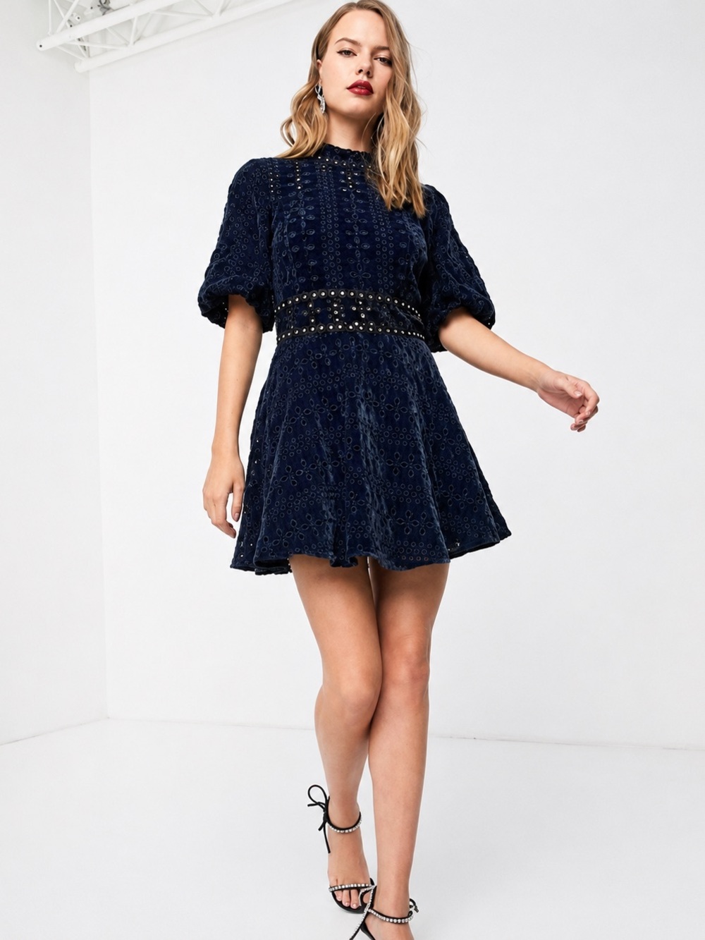 ASOS Navy velvet Eyelet Lace Fit-and-Flare Dress with Open Back 0